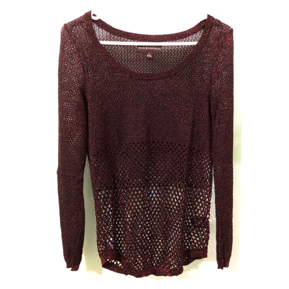 Rock & Republic Red and Black Sparkly Mesh Sweater